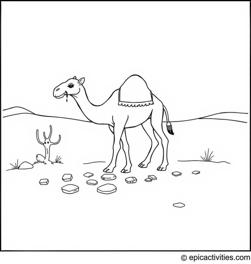Coloring page of a Cute Camel Playing Hopscotch with Friends in the Desert