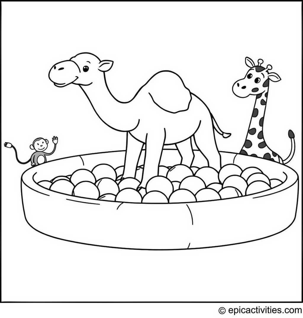 Coloring page of a cute camel playing in a colorful ball pit with a cartoon monkey and giraffe