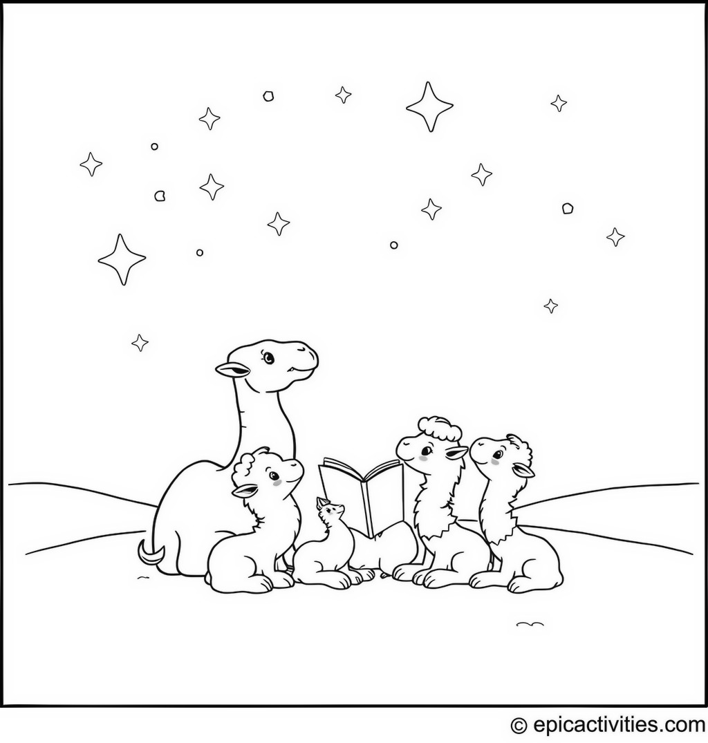 Coloring page of a cute camel reading a bedtime story to baby camels under the stars
