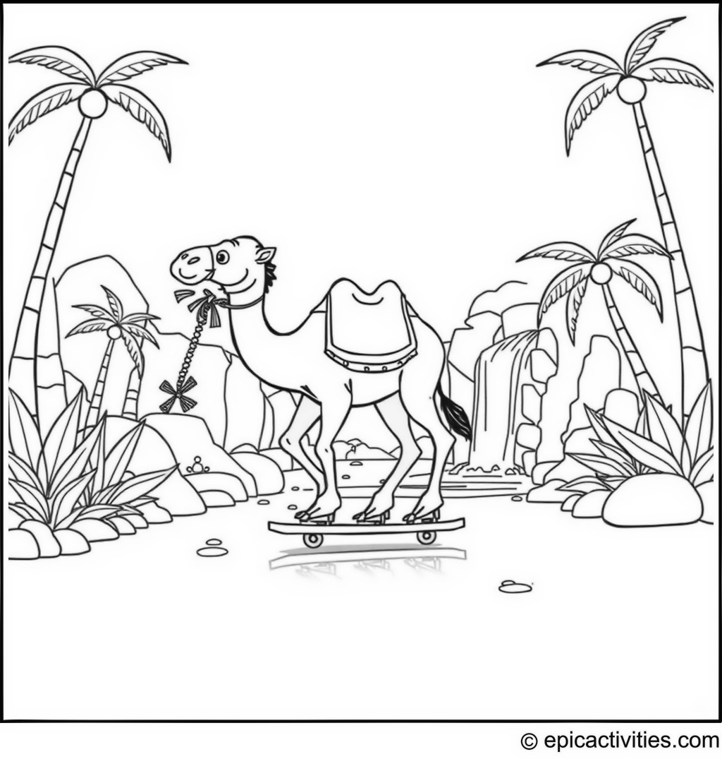 Coloring page of a cute camel roller-skating through a cartoon oasis