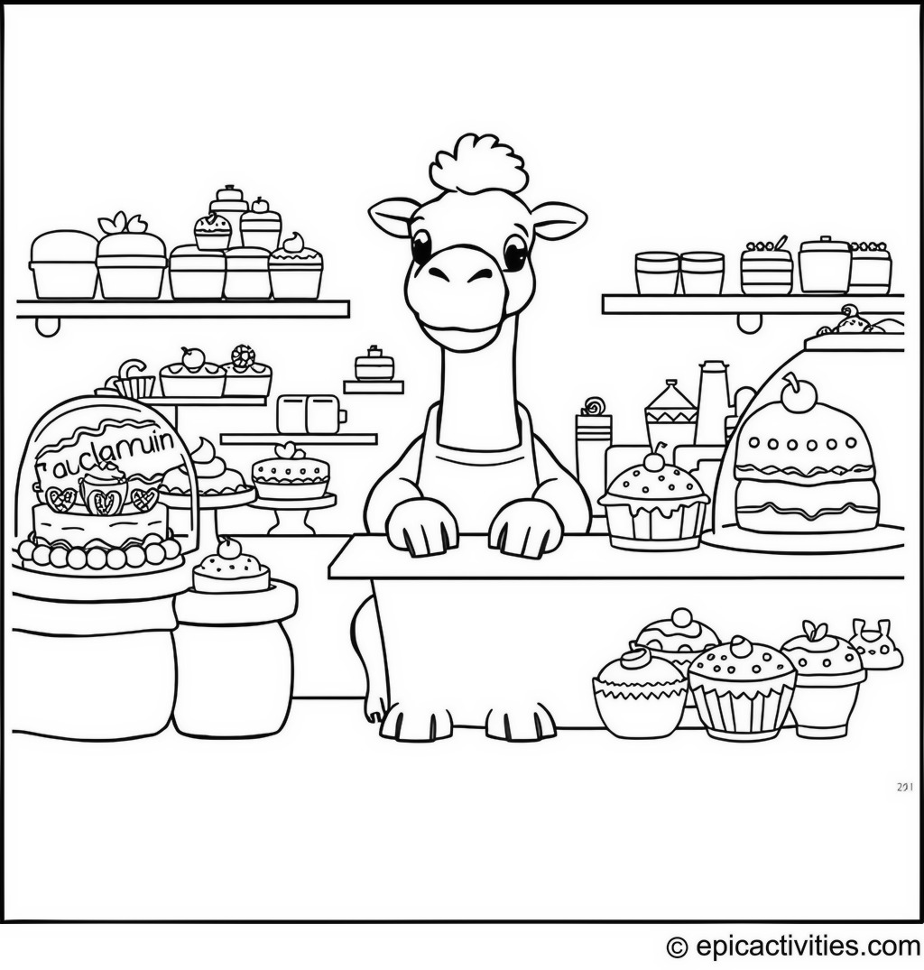 Coloring page of a Cute Camel Running a Bakery with Cartoon Cakes and Pastries