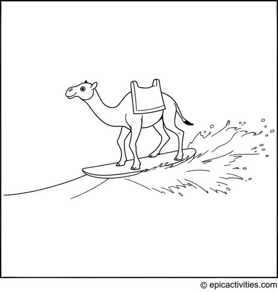 Coloring page of a cute camel surfing on a sand wave in a sandy ocean
