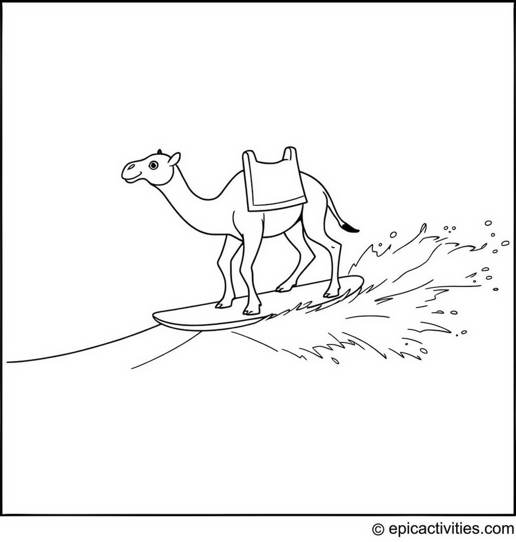 Coloring page of a cute camel surfing on a sand wave in a sandy ocean