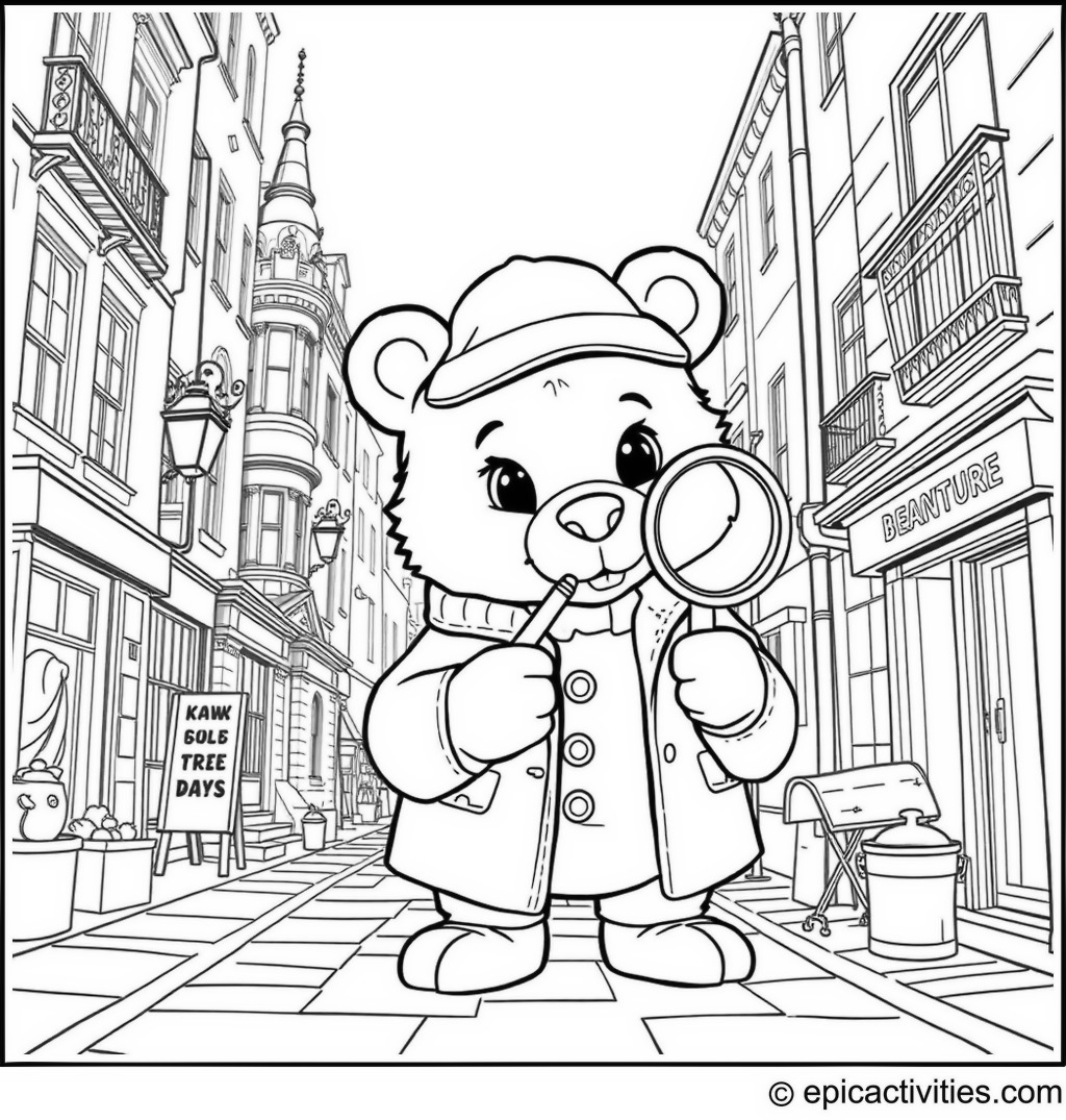 Coloring page of a cute cartoon bear as Sherlock Holmes