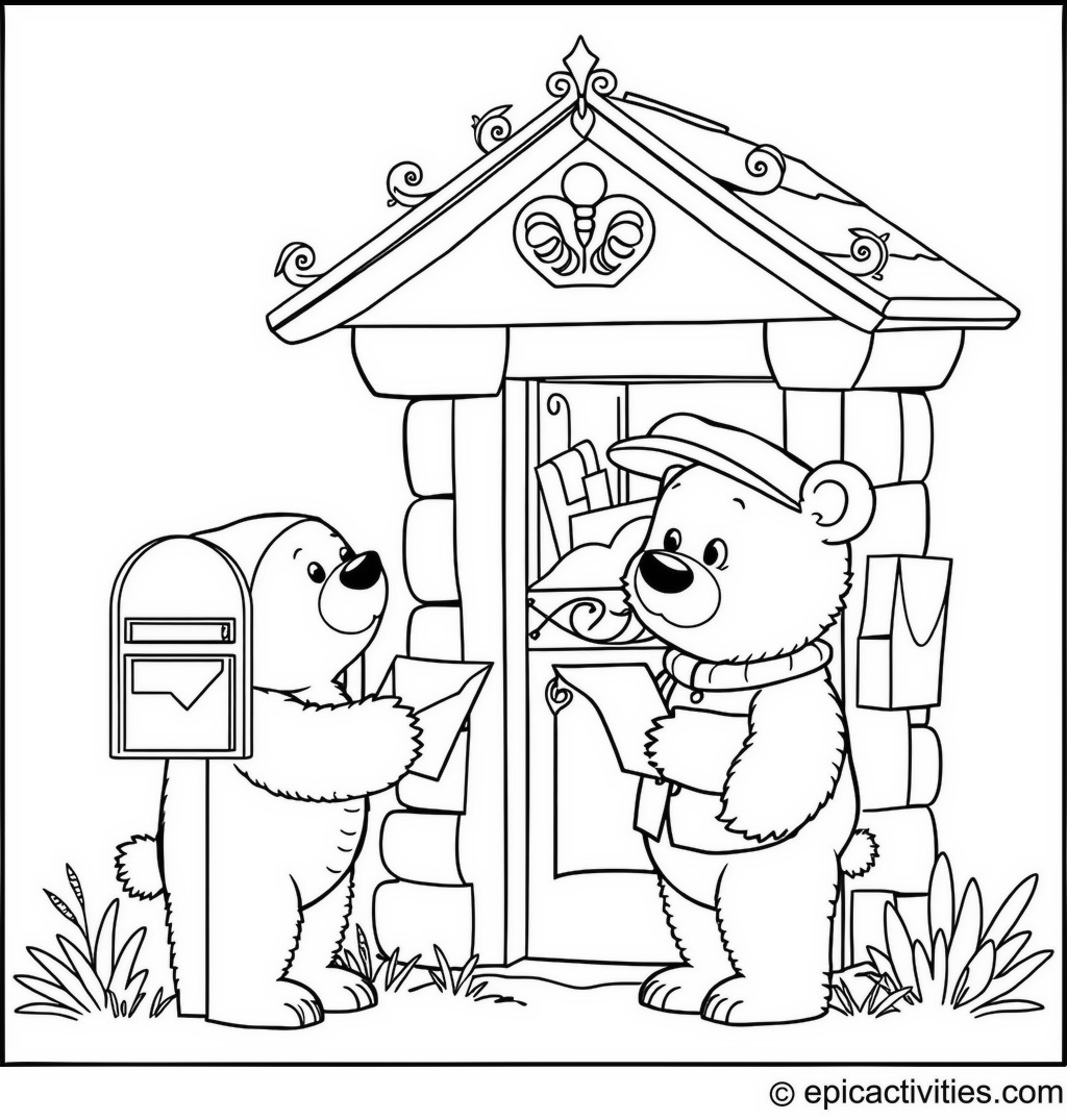 Coloring page of a Cute Cartoon Bear at the Post Office