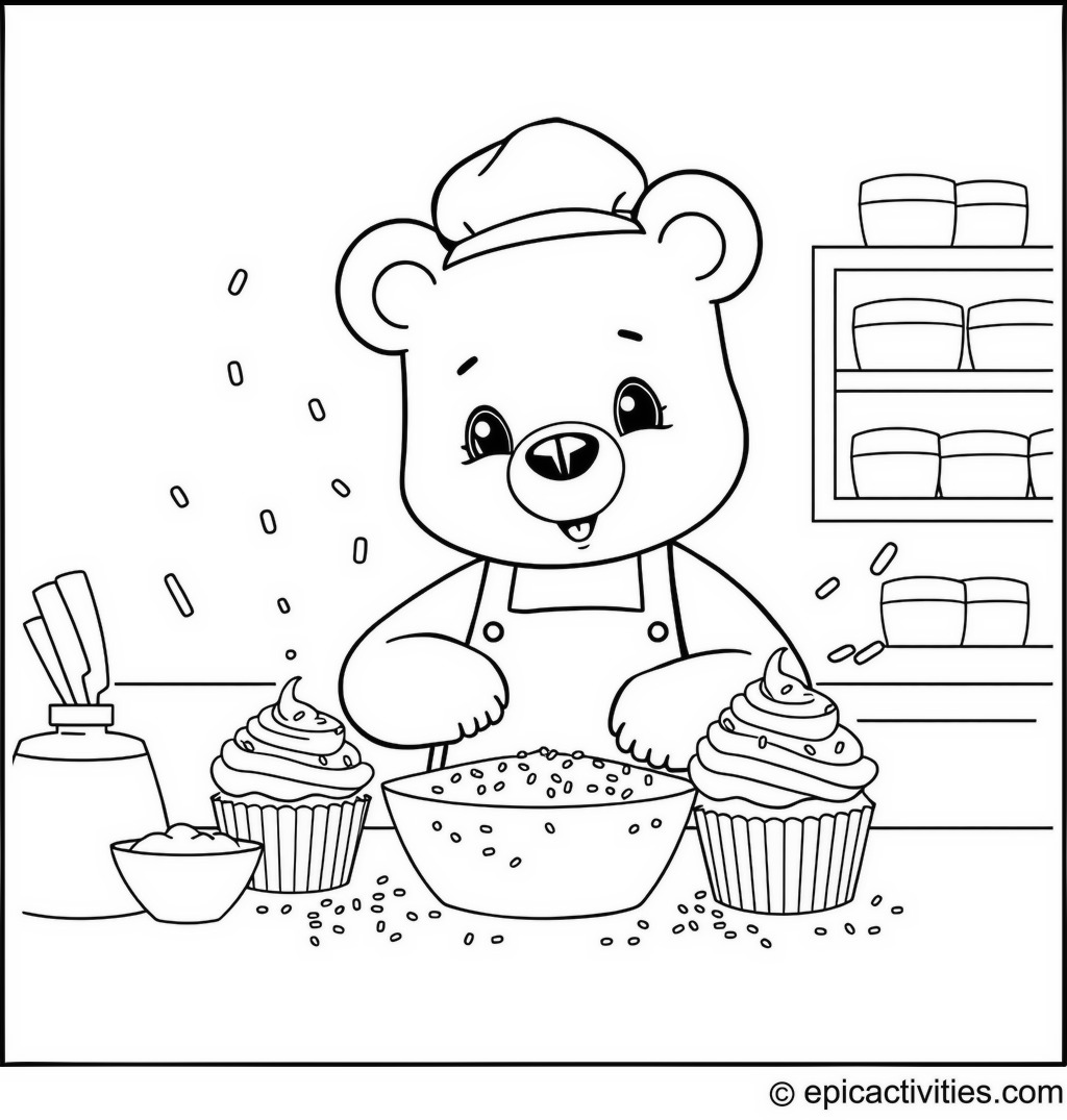 Coloring page of a cute cartoon bear baking cupcakes with sprinkles in a cartoon kitchen