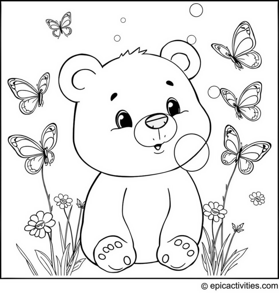 Coloring page of a Cute Cartoon Bear Blowing Bubbles with Butterflies