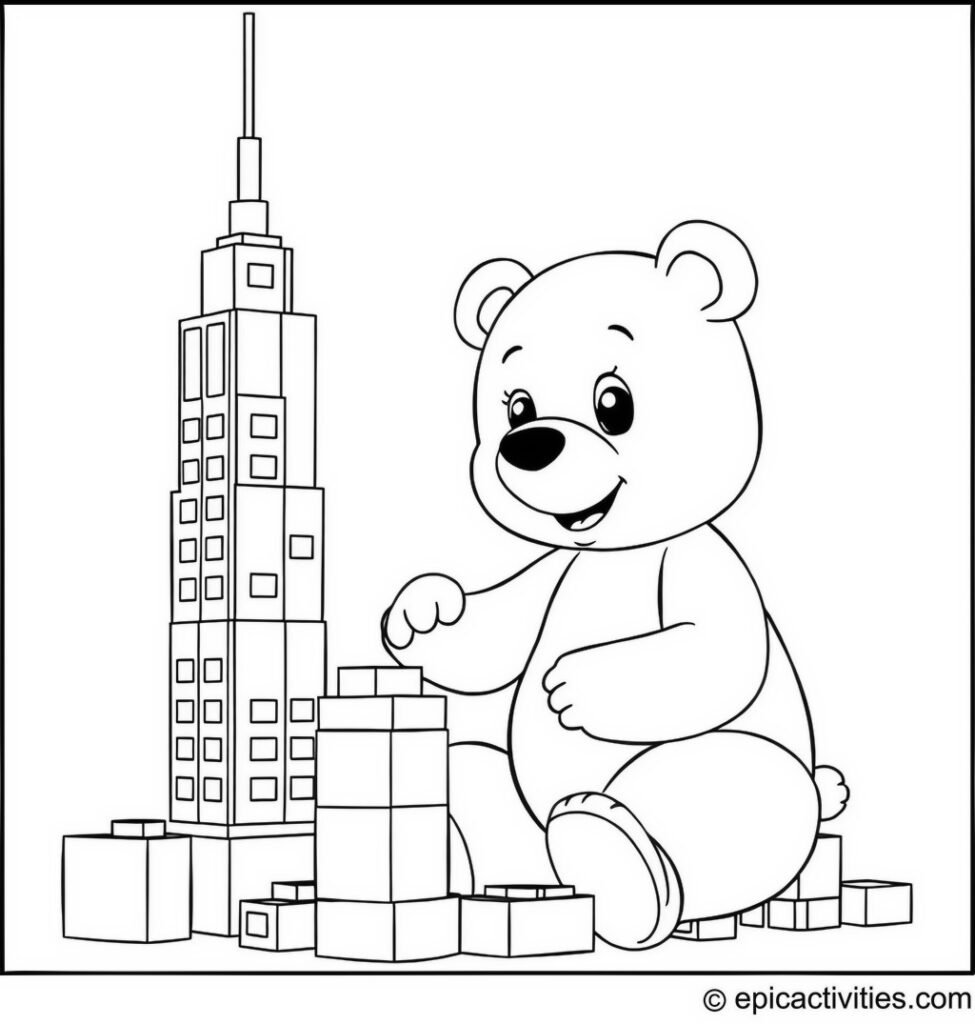 Coloring page of a Cute Cartoon Bear Building a Skyscraper with Blocks