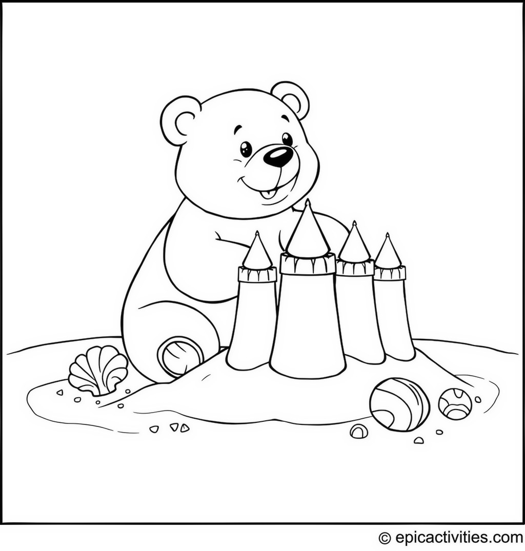 Coloring page of a Cute Cartoon Bear Building a Giant Sandcastle on a Cartoon Beach with Seashells