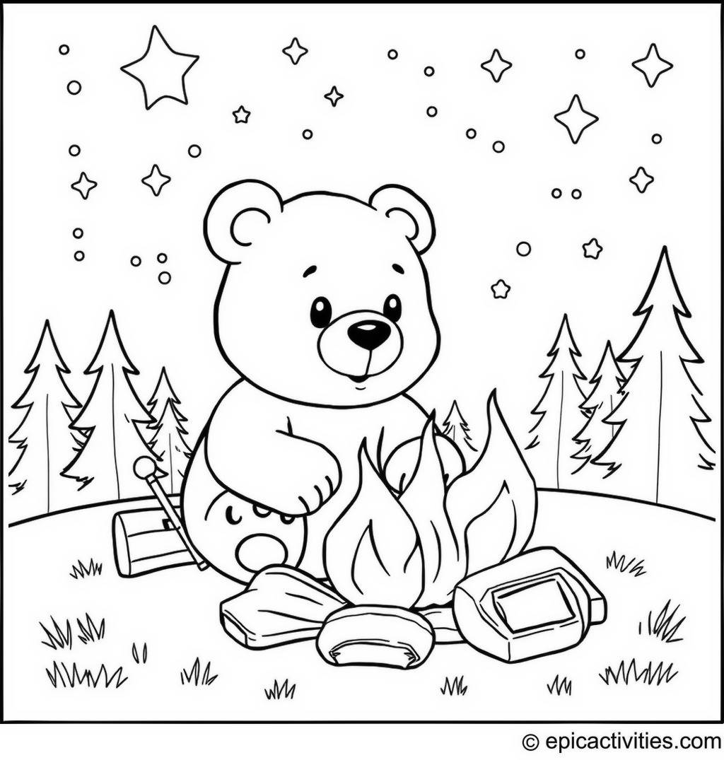 Coloring page of a Cute Cartoon Bear Camping Under the Stars
