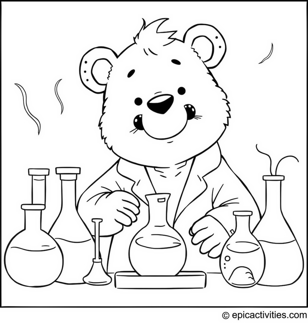 Coloring page of a Cute Cartoon Bear Conducting a Science Experiment
