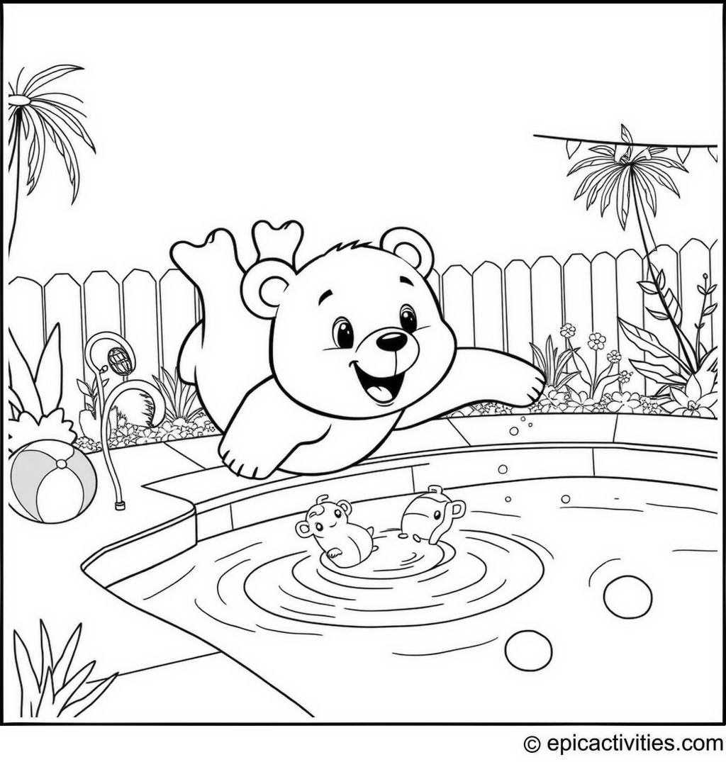 Coloring page of a cute cartoon bear diving into a swimming pool in a backyard with sprinklers, beach balls, and decorated garden