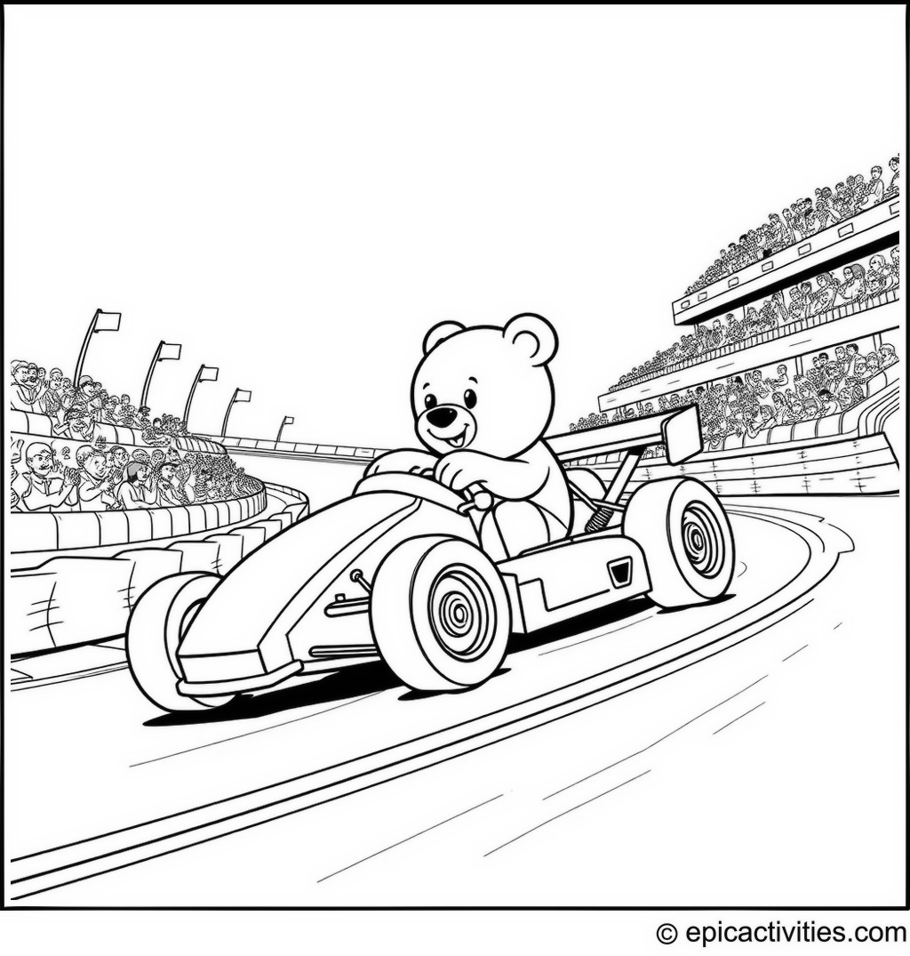 Coloring page of a cute cartoon bear driving a race car on a detailed race track