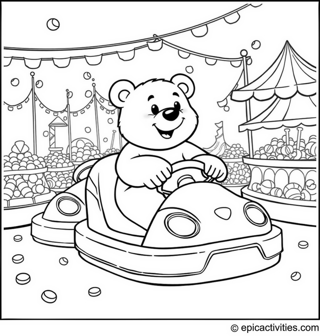 Coloring page of a Cute Cartoon Bear Driving Bumper Cars at the Cartoon Carnival