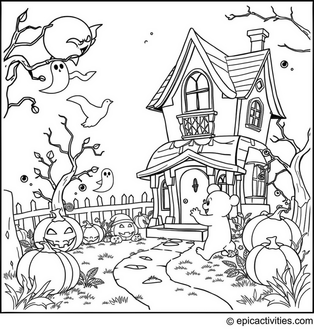 Coloring page of a cute cartoon bear exploring a detailed haunted house with ghosts, cobwebs, and cartoon style pumpkins