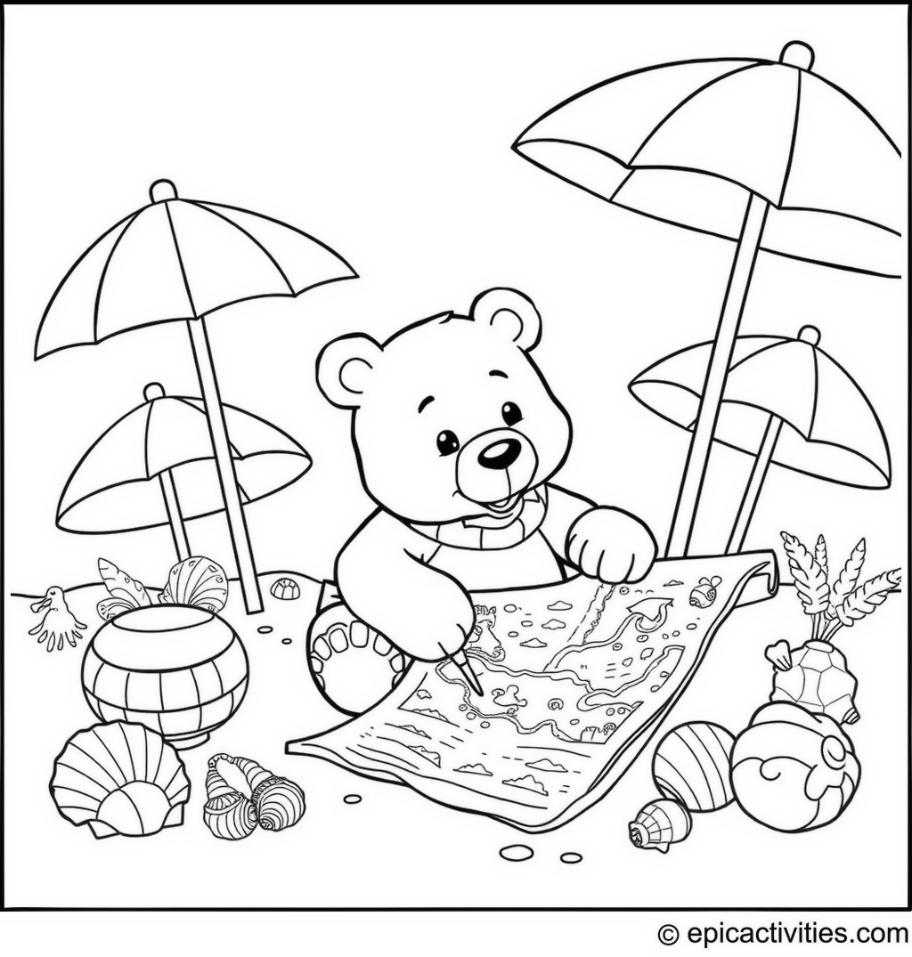 Coloring page of a cute cartoon bear exploring a beach treasure hunt with a pirate map
