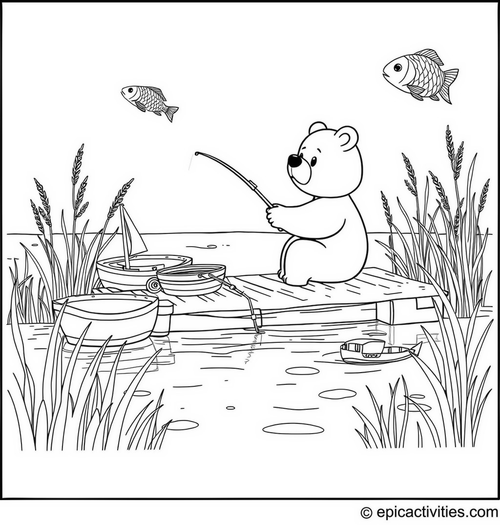Coloring page of a Cute Cartoon Bear Fishing by the Lake