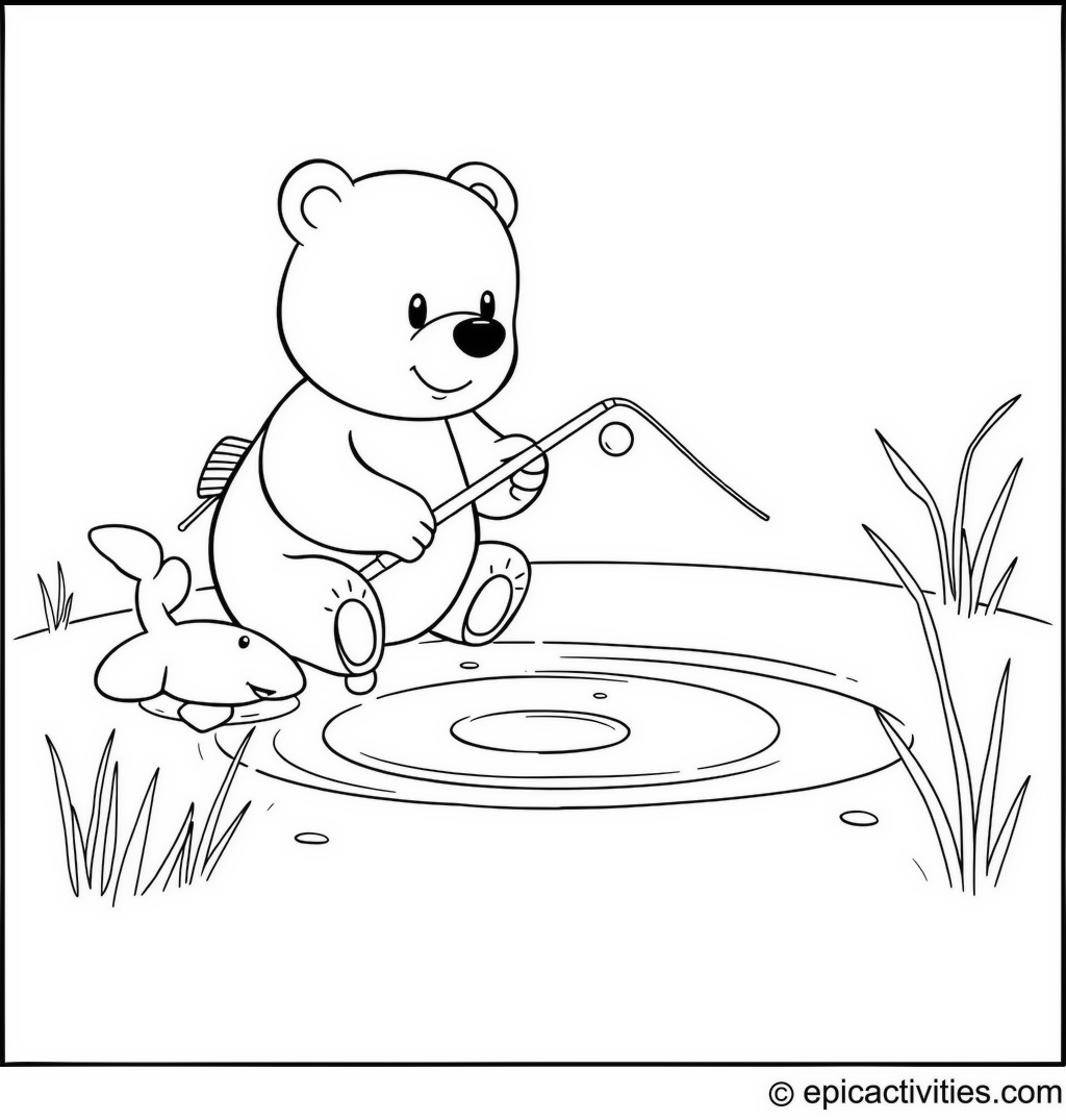 Coloring page of a Cute Cartoon Bear Fishing in a Cartoon Pond