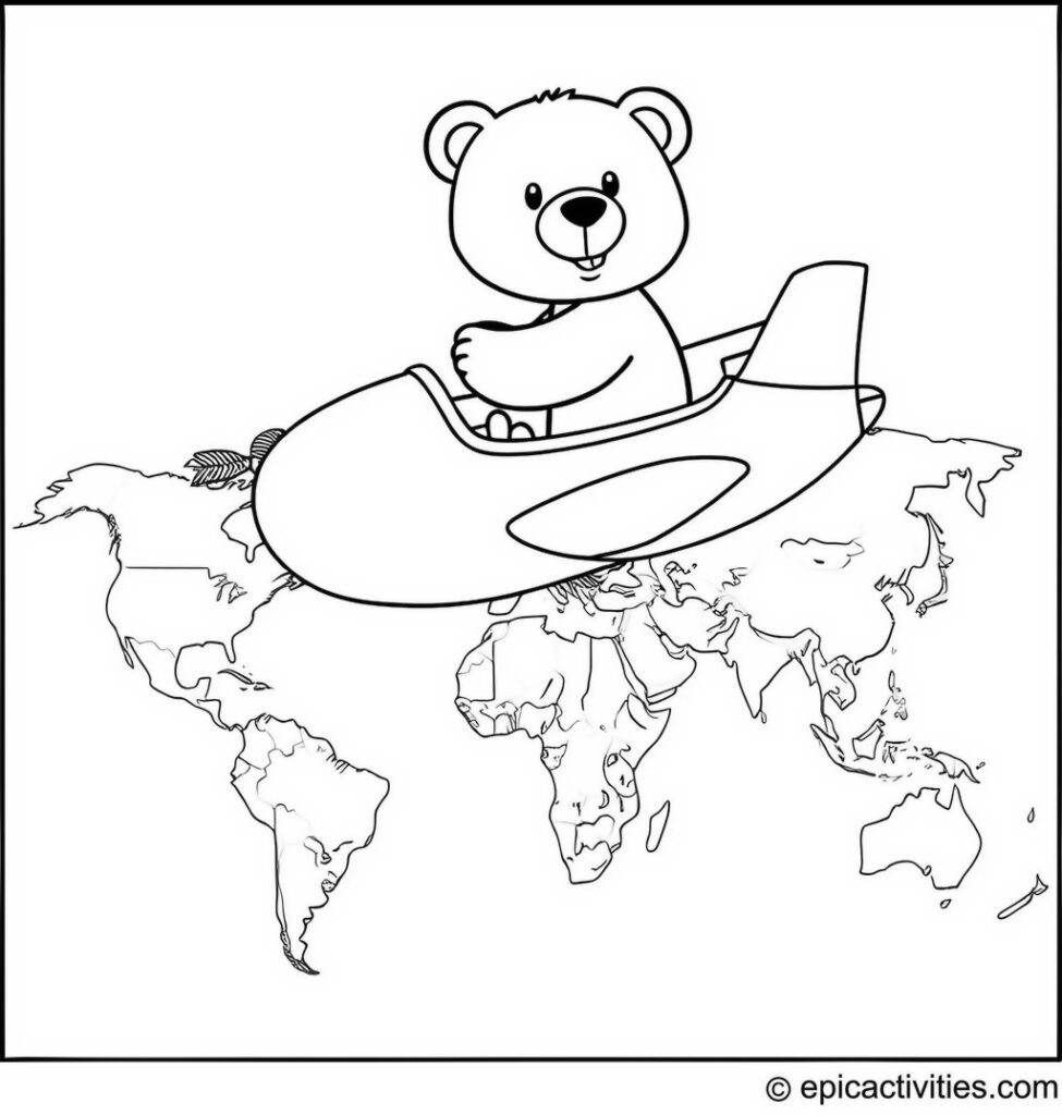 Coloring page of a cute cartoon bear flying on an airplane over a world map