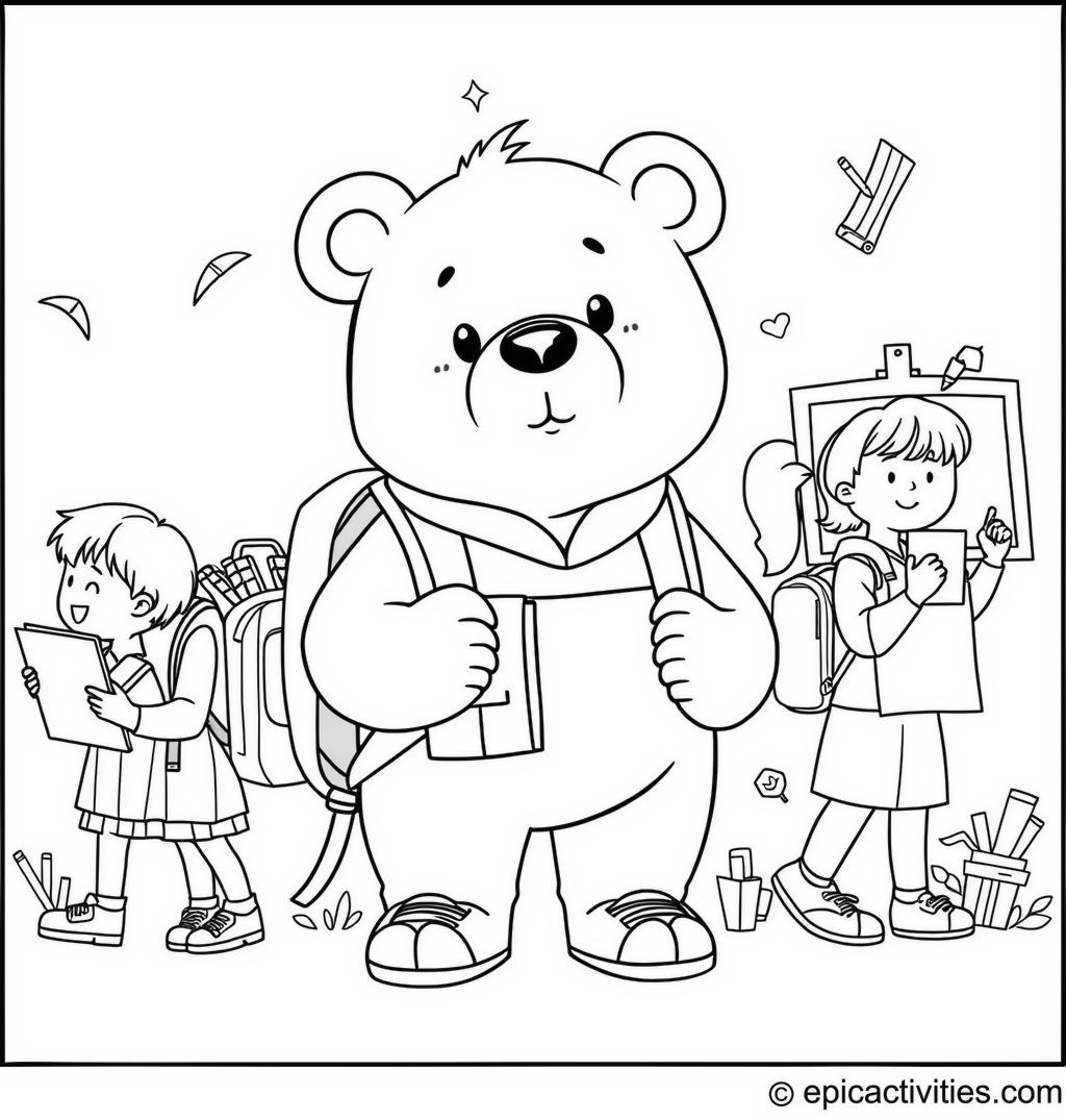 Coloring page of a Cute Cartoon Bear Going Back to School with Friends