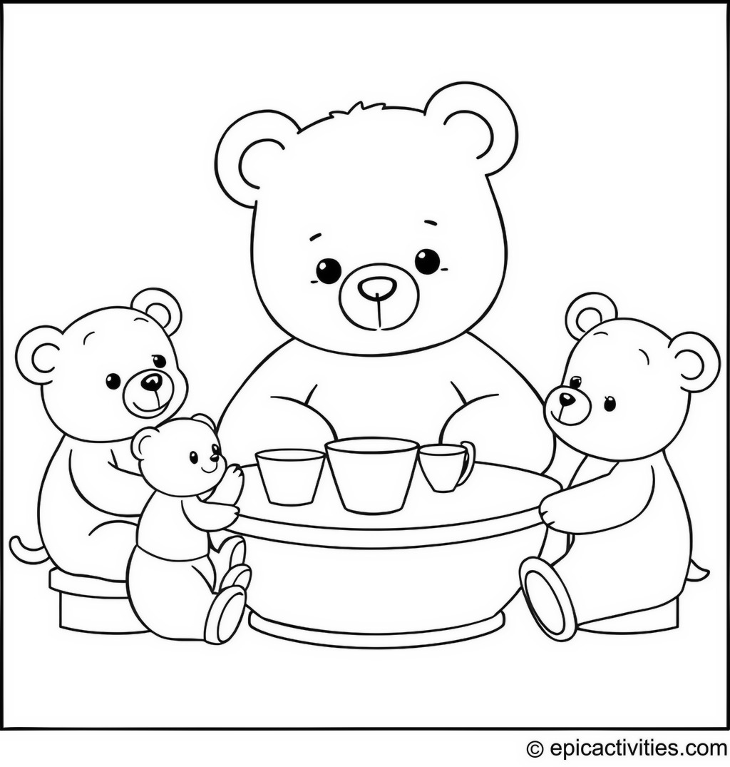 Coloring page of a Cute Cartoon Bear having a Tea Party with Stuffed Animal Friends