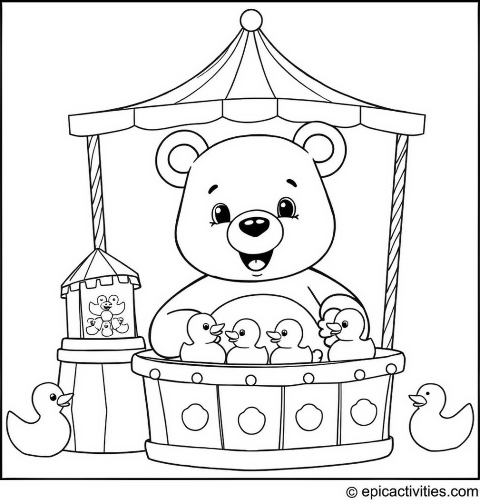 Coloring page of a Cute Cartoon Bear Hosting a Carnival Game