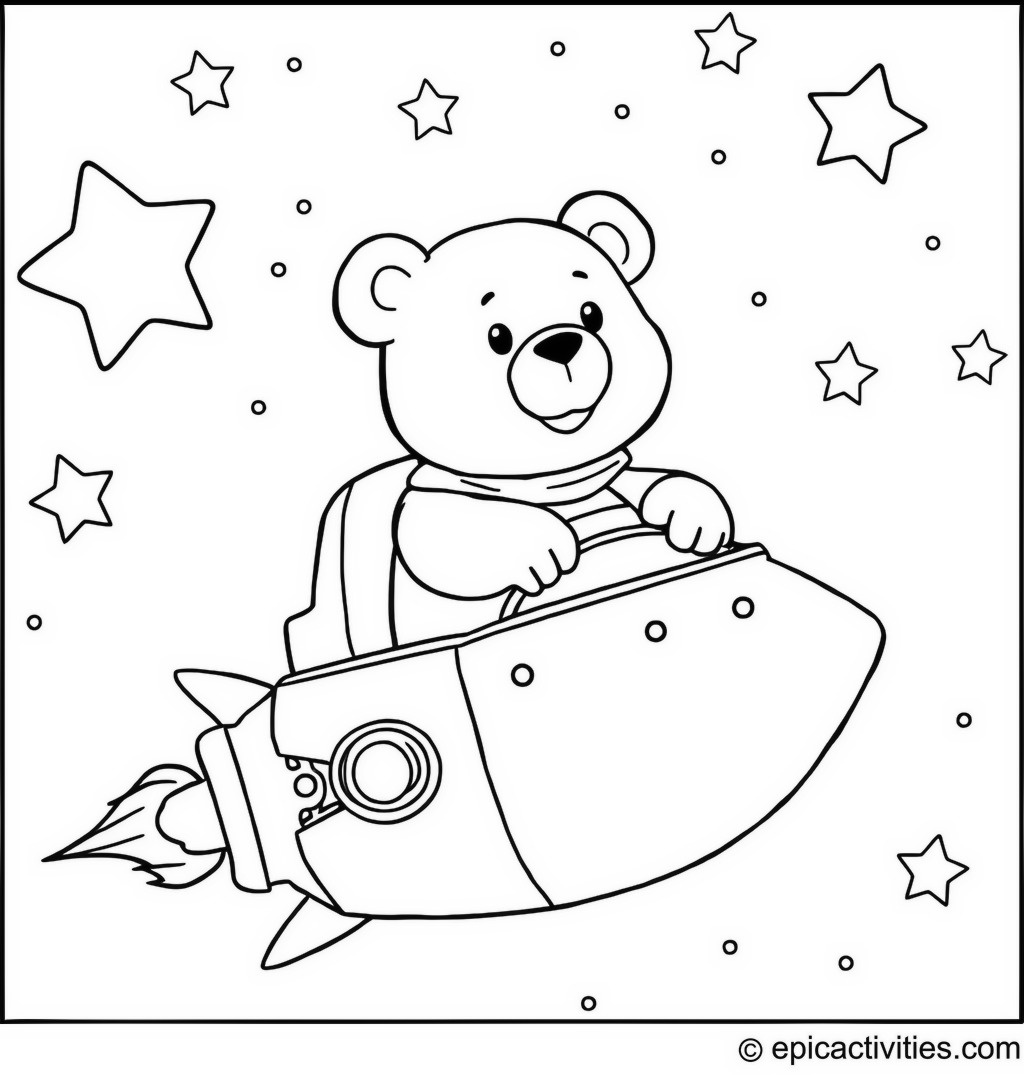 Coloring page of a Cute Cartoon Bear in a Cardboard Box Spaceship Exploring Outer Space