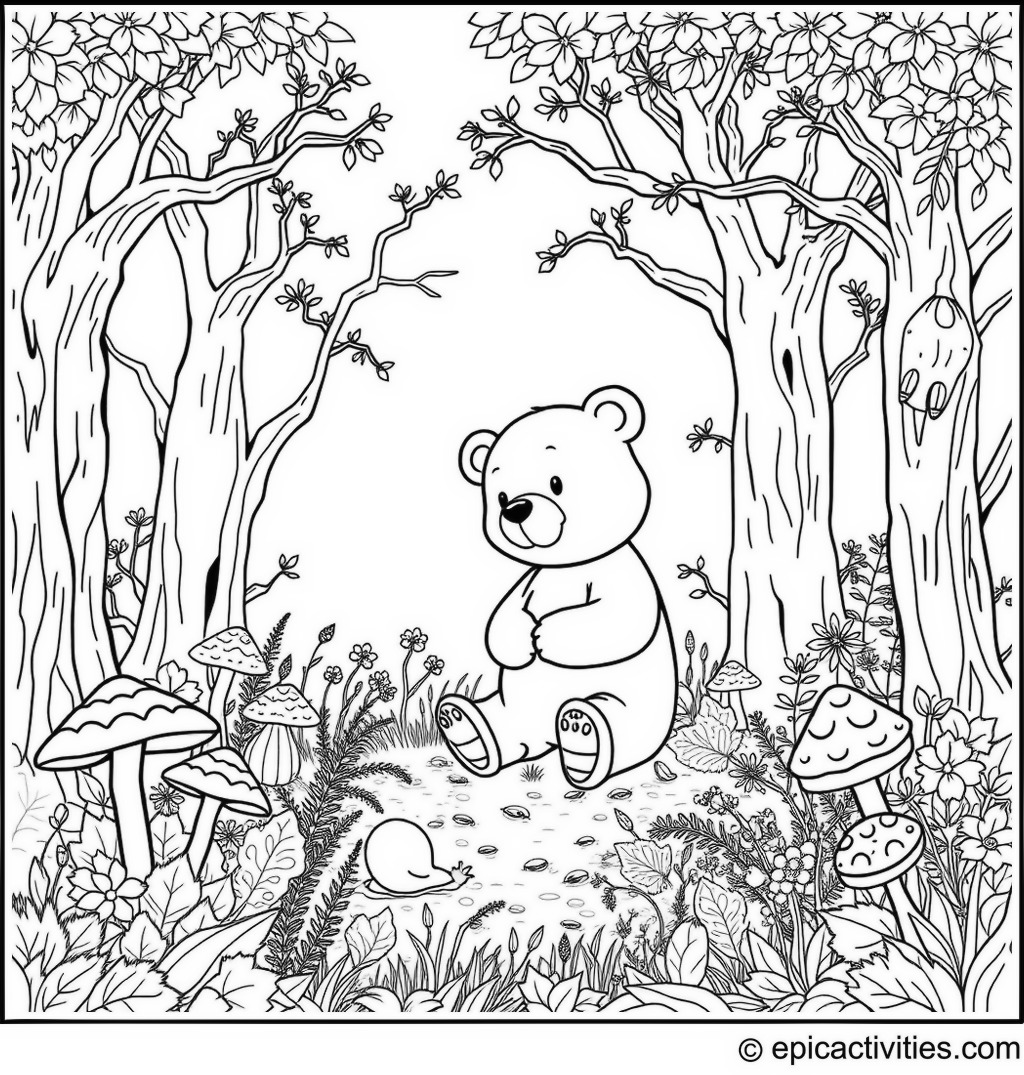 Coloring page of a Cute Cartoon Bear in a Dreamy Forest