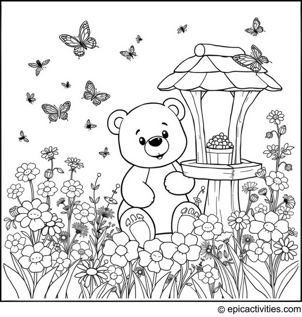 Coloring page of a Cute Cartoon Bear in a Flower Garden
