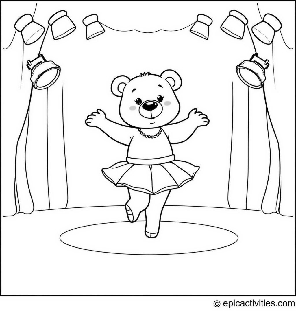 Coloring page of a Cute Cartoon Bear in a Tutu on Stage