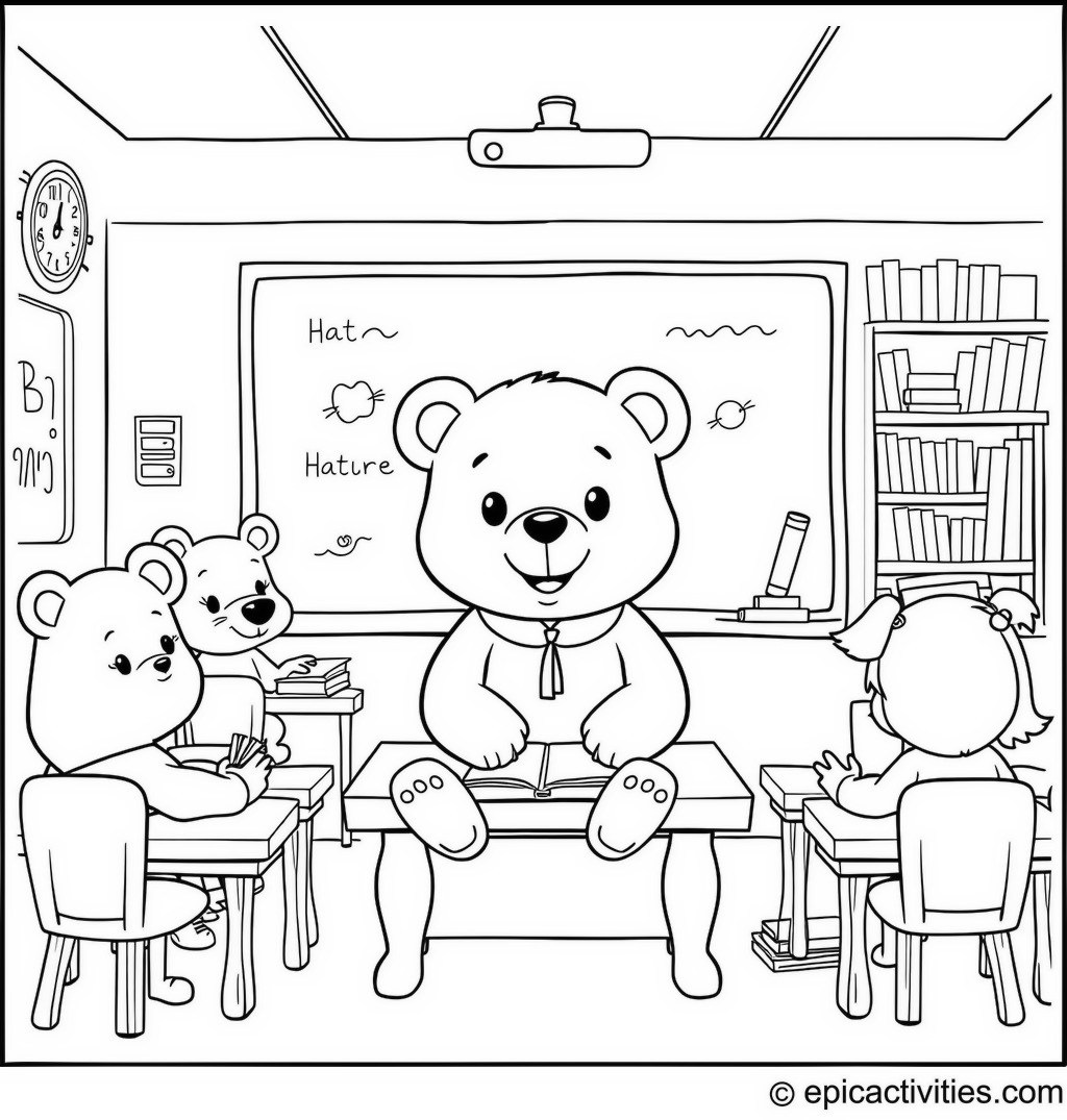 Coloring page of a cute cartoon bear in a whimsical classroom