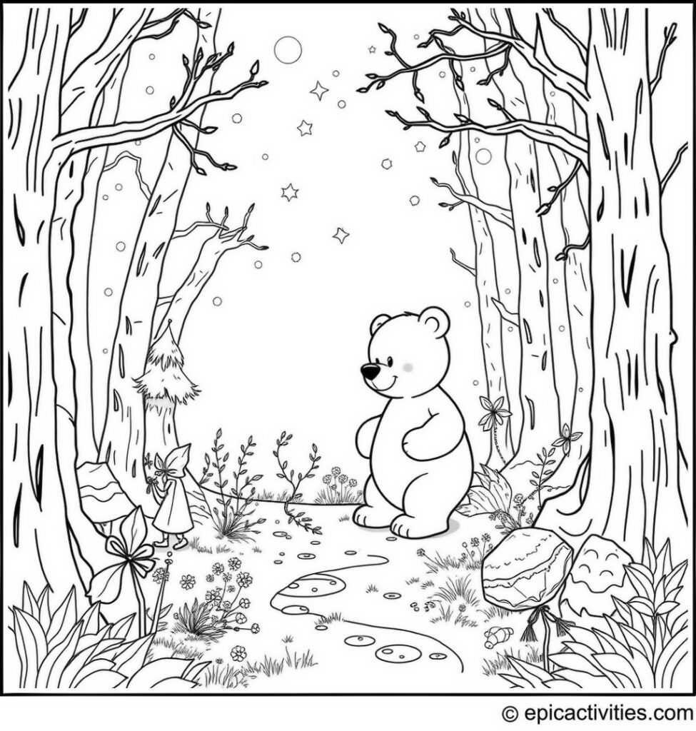 Coloring page of a Cute Cartoon Bear in an Enchanted Forest with Elves and Fairy Lights