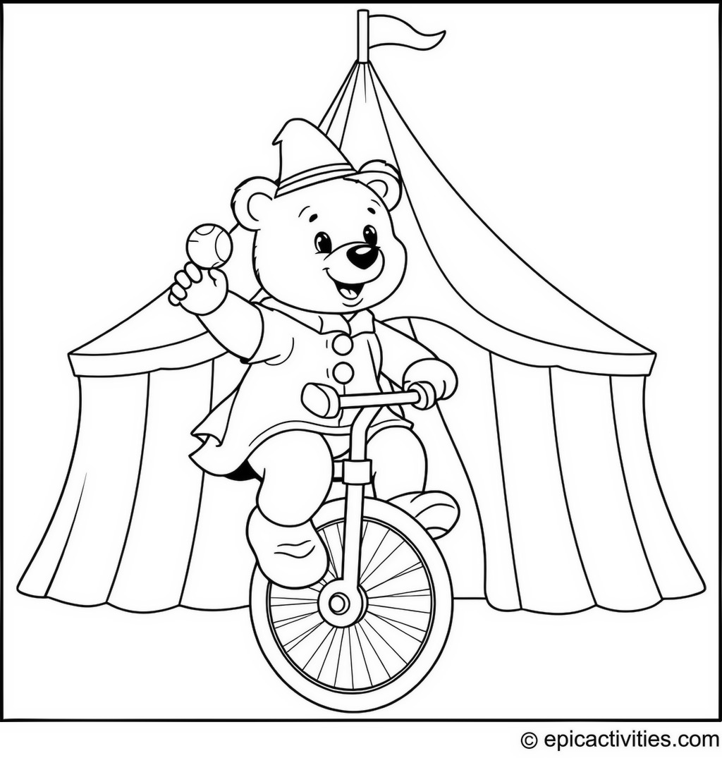 Coloring page of a Cute Cartoon Bear Juggling Balls on a Unicycle at the Circus