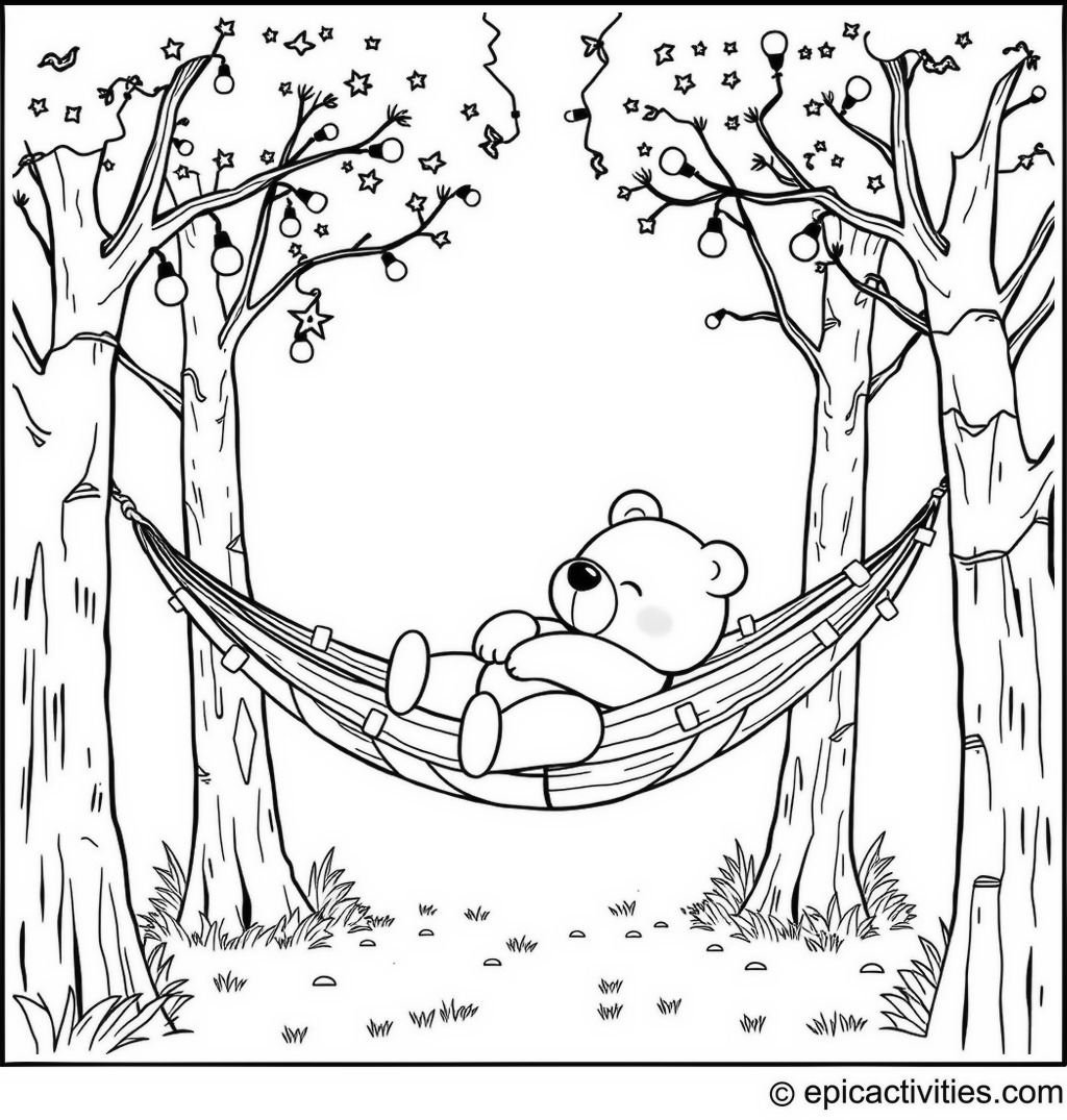 Coloring page of a Cute Cartoon Bear Napping on a Hammock