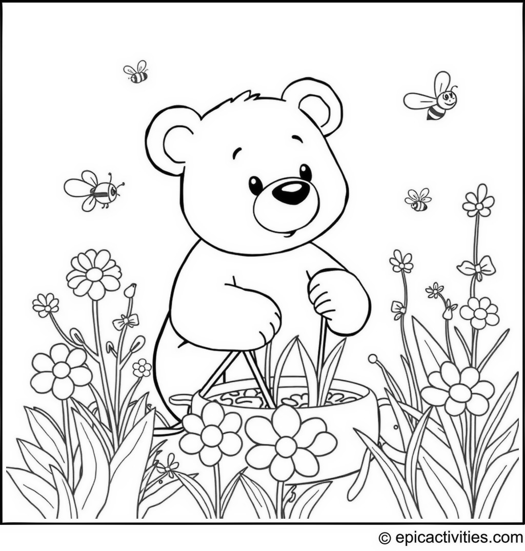 Coloring page of a Cute Cartoon Bear Planting Flowers in a Cartoon Garden with Friendly Cartoon Bees