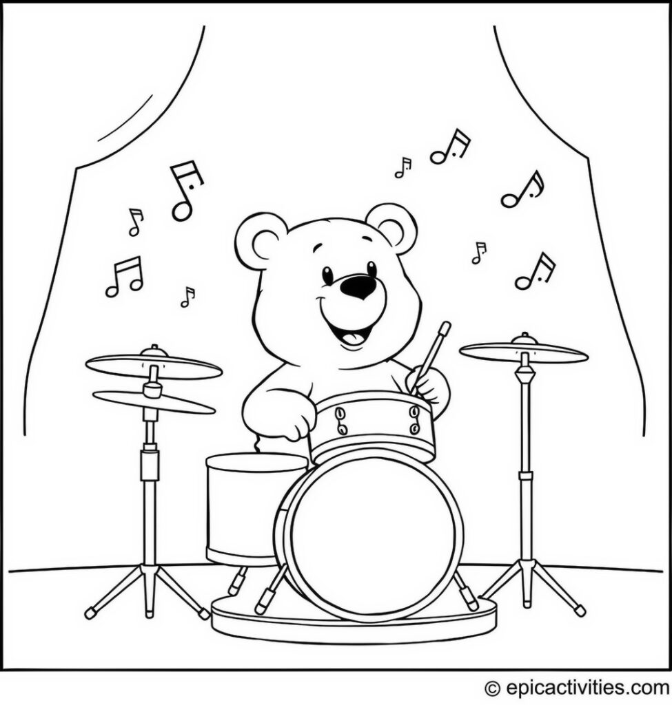 Coloring page of a Cute Cartoon Bear Playing the Drums on Stage with Musical Notes