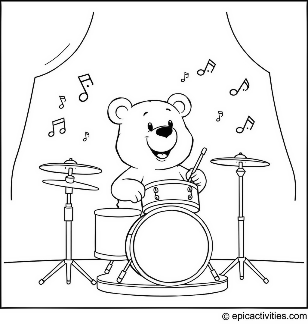 Coloring page of a Cute Cartoon Bear Playing the Drums on Stage with Musical Notes