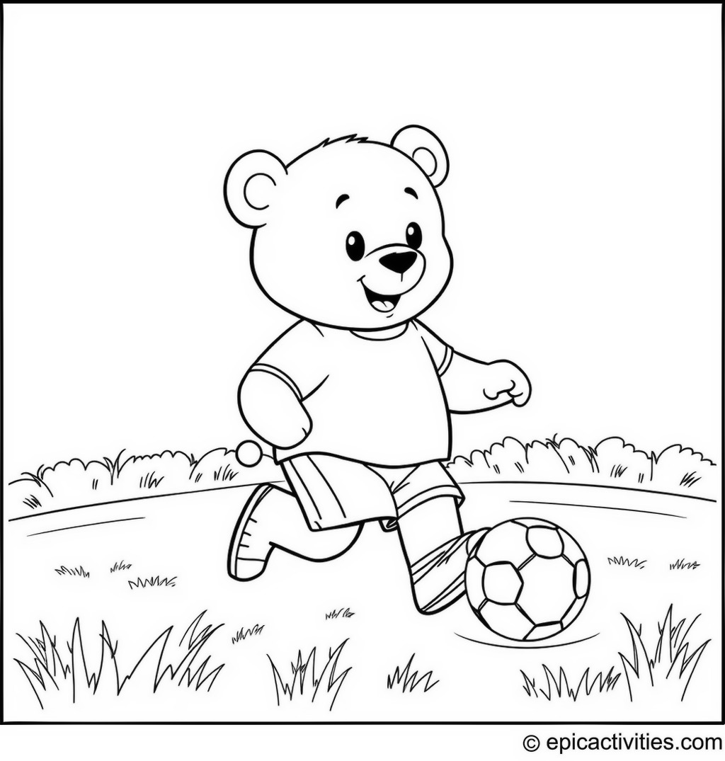 Coloring page of a cute cartoon bear playing soccer with a rainbow-colored ball