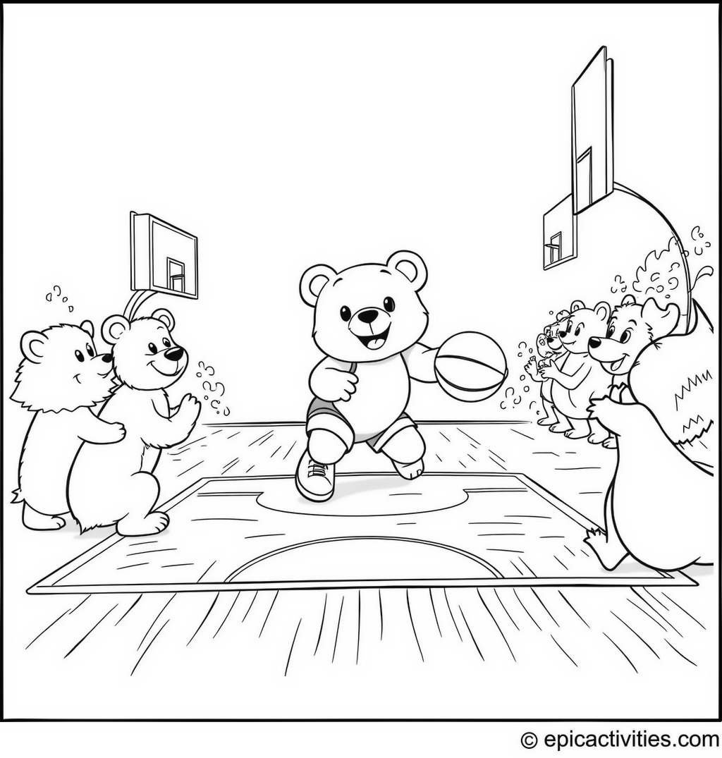 Coloring page of a Cute Cartoon Bear Playing Basketball with Animal Friends