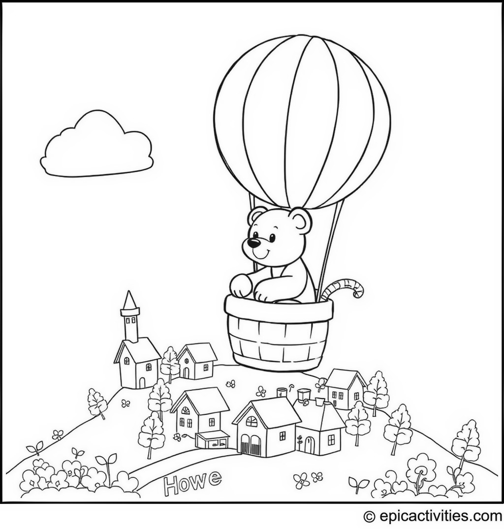 Coloring page of a cute cartoon bear riding in a hot air balloon above a marshmallow village