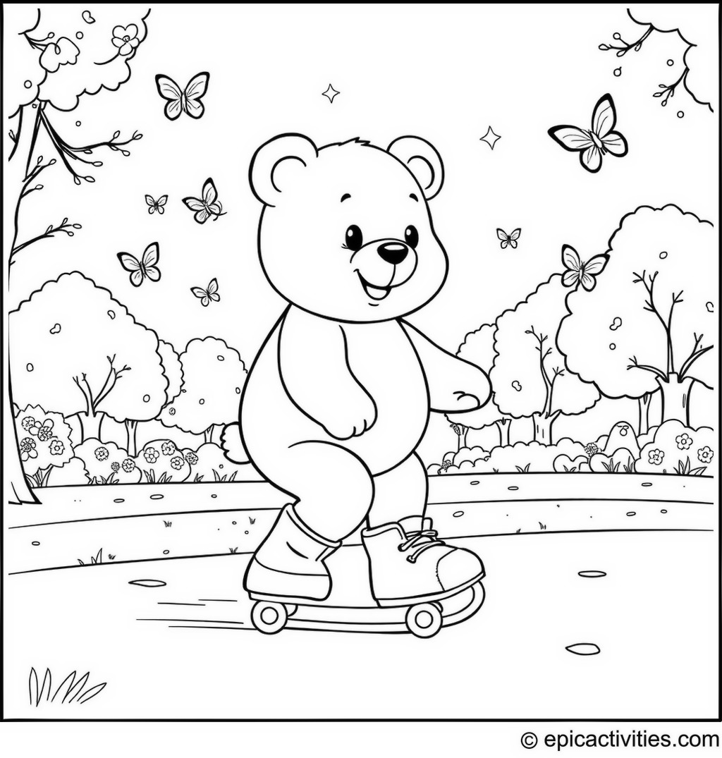 Coloring page of a cute cartoon bear roller-skating in the park with butterflies