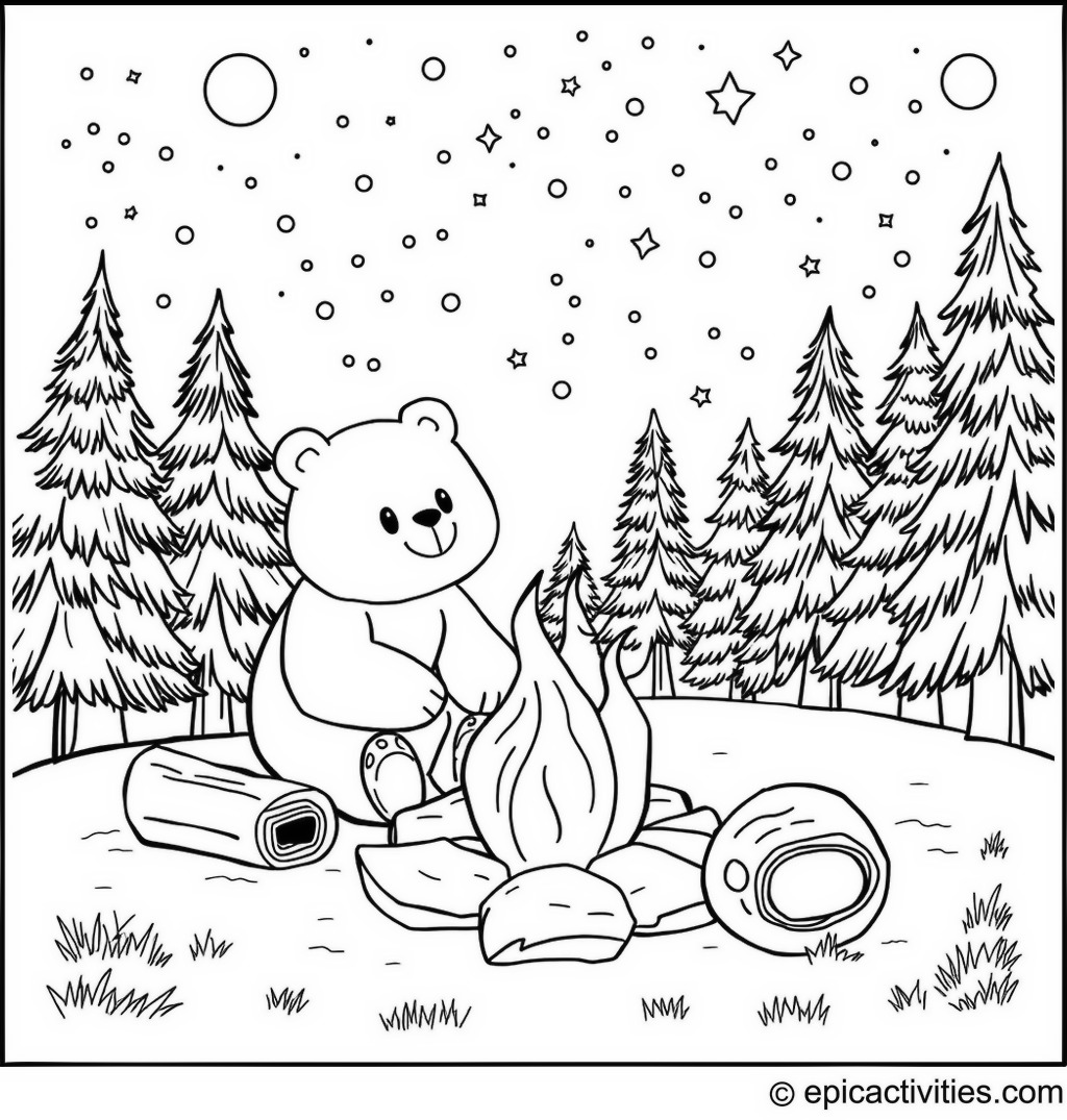 Coloring page of a cute cartoon bear sitting around a campfire roasting marshmallows