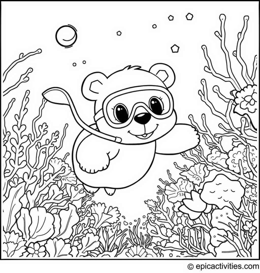 Coloring page of a Cute Cartoon Bear Snorkeling Among Coral Reefs