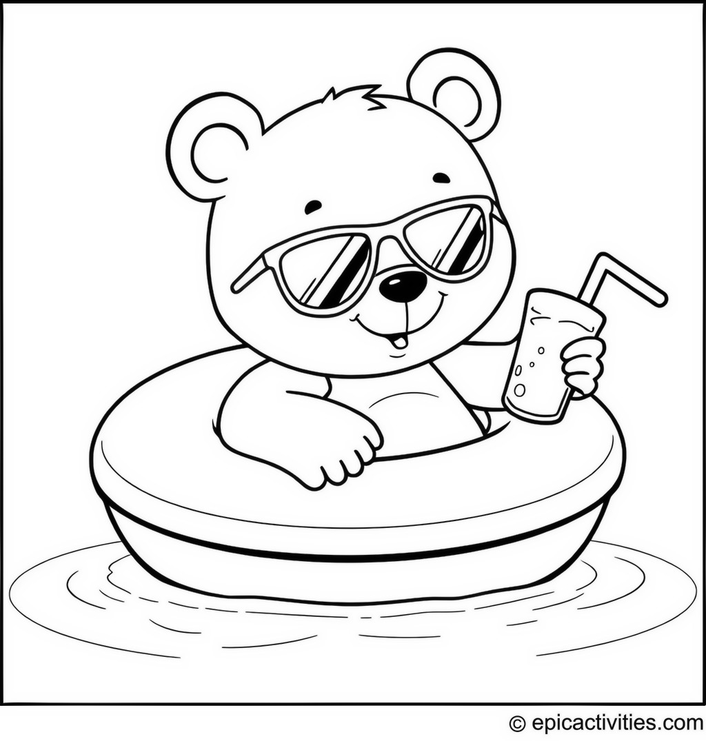 Coloring page of a Cute Cartoon Bear Swimming in a Pool with Sunglasses and Lemonade