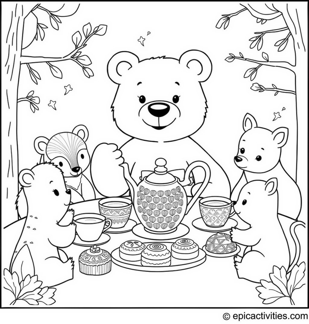 Coloring page of a Cute Cartoon Bear’s Tea Party in the Forest