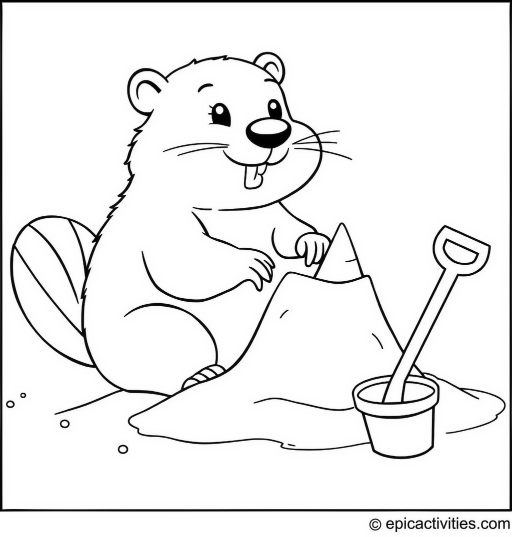 Coloring page of a cute cartoon beaver building a sandcastle on the beach