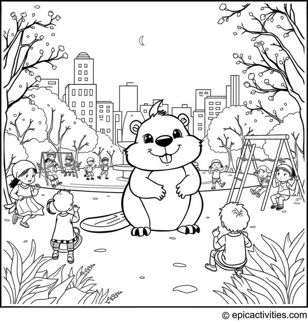 Coloring page of a Cute Cartoon Beaver in a City Park