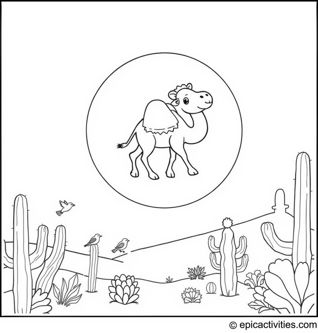 Coloring page of a cute cartoon camel floating in a bubble over a desert scene with birds and cactus