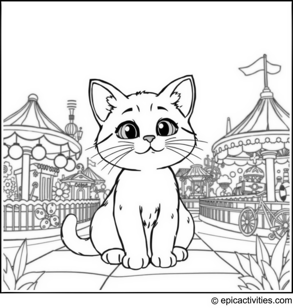 Coloring page of a cute cartoon cat at a detailed and colorful amusement park