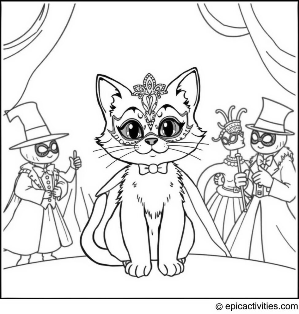 Coloring page of a cute cartoon cat at a masquerade ball